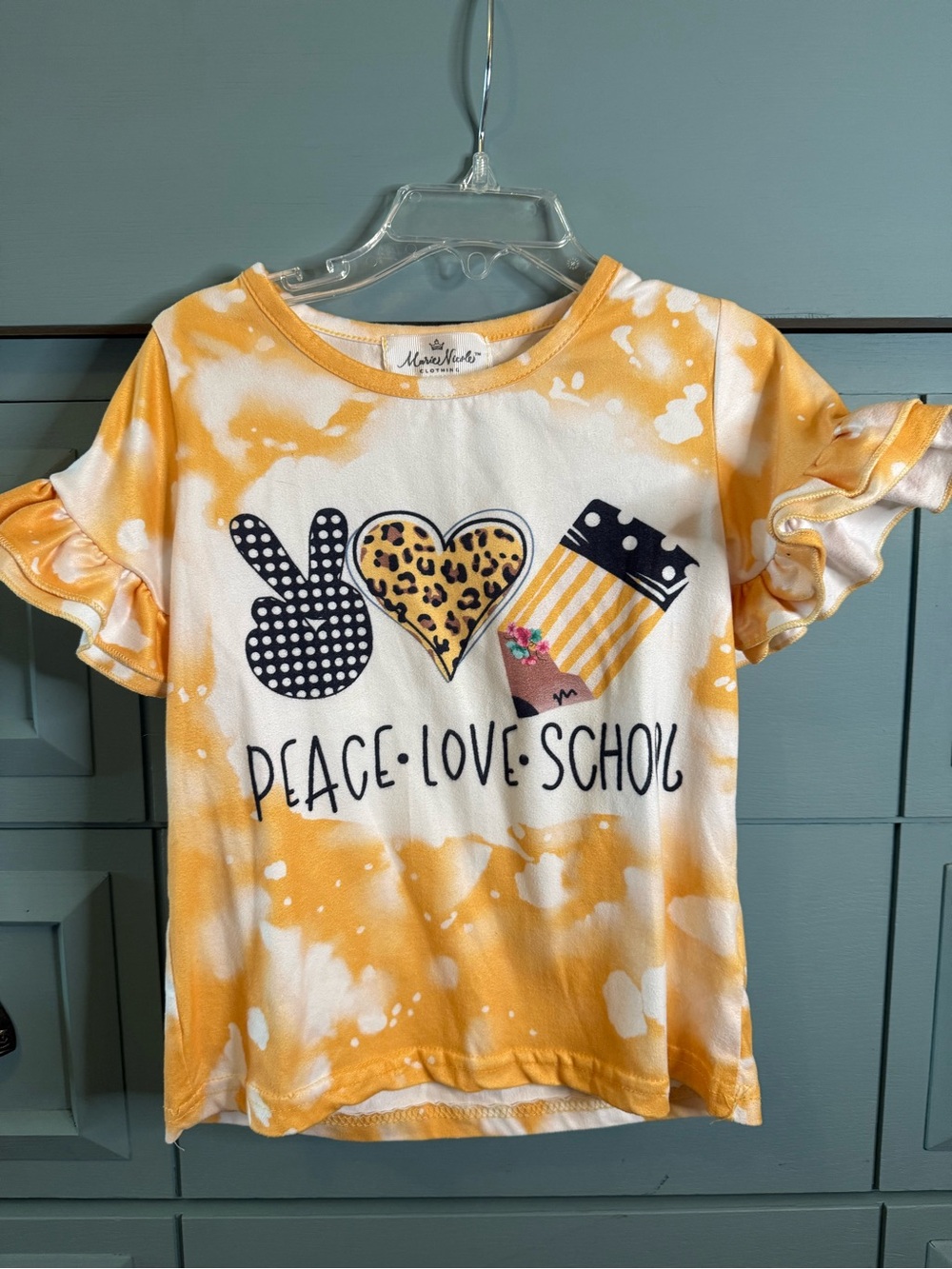 Peace Love School Ruffle Sleeve Tee - Yellow Tie-Dye